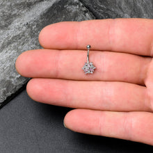 Load image into Gallery viewer, 16G 5/16 Pink Clear CZ Gem Snowflake Style Curved Eyebrow Ring
