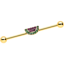 Load image into Gallery viewer, 14G Pink Green Gem Gold Hue Watermelon Yum Industrial Barbell 38mm
