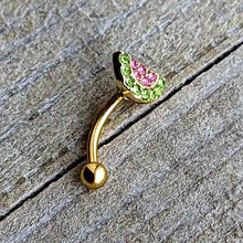 Load image into Gallery viewer, 16G 5/16 Pink Gem Gold Tone Watermelon Yum Curved Eyebrow Ring
