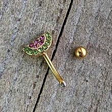 Load image into Gallery viewer, 16G 5/16 Pink Gem Gold Tone Watermelon Yum Curved Eyebrow Ring
