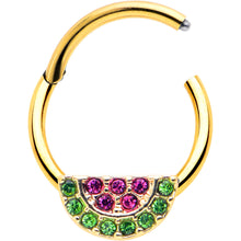 Load image into Gallery viewer, 16G 3/8 Pink Green Gem Gold Hue Watermelon Yum Hinged Segment Ring
