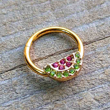 Load image into Gallery viewer, 16G 3/8 Pink Green Gem Gold Hue Watermelon Yum Hinged Segment Ring
