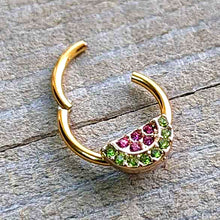 Load image into Gallery viewer, 16G 3/8 Pink Green Gem Gold Hue Watermelon Yum Hinged Segment Ring
