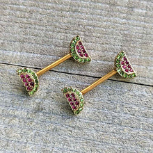 Load image into Gallery viewer, 14G 9/16 Pink Gem Gold Hue Watermelon Yum Barbell Nipple Ring Set
