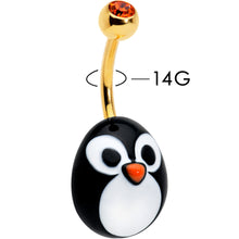 Load image into Gallery viewer, Red Gem Gold Tone Round Face Penguin Holiday Winter Belly Ring
