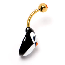 Load image into Gallery viewer, Red Gem Gold Tone Round Face Penguin Holiday Winter Belly Ring

