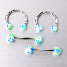 Load image into Gallery viewer, 14G 9/16 1/2 Splatter Blue Green Barbell Horseshoe Nipple Ring Set of 4
