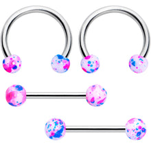 Load image into Gallery viewer, 14G 9/16 1/2 Splatter Blue Pink Barbell Horseshoe Nipple Ring Set of 4
