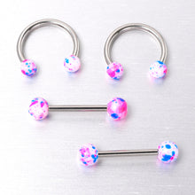 Load image into Gallery viewer, 14G 9/16 1/2 Splatter Blue Pink Barbell Horseshoe Nipple Ring Set of 4
