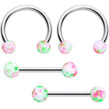 将图片加载到图库查看器，14G 9/16 1/2 Splatter Green Pink Barbell Horseshoe Nipple Ring Set of 4
