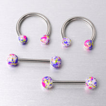 Load image into Gallery viewer, 14G 9/16 1/2 Splatter Green Purple Barbell Horseshoe Nipple Ring Set of 4
