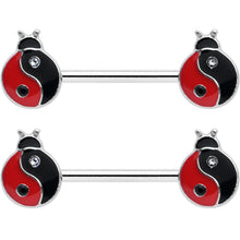 Load image into Gallery viewer, 14G 9/16 Clear Gem Ladybug Yin Yang Barbell Nipple Ring Set
