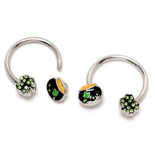 Load image into Gallery viewer, 14G 9/16 Green Gem Shamrock Pot of Gold Horseshoe Nipple Ring Set
