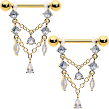 将图片加载到图库查看器，14G  9/16 Clear Gem Gold Tone Double Chain Dangle Nipple Ring Set
