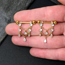 将图片加载到图库查看器，14G  9/16 Clear Gem Gold Tone Double Chain Dangle Nipple Ring Set
