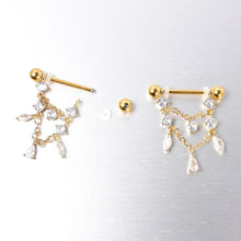 将图片加载到图库查看器，14G  9/16 Clear Gem Gold Tone Double Chain Dangle Nipple Ring Set
