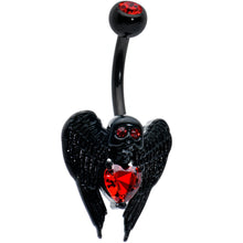 Load image into Gallery viewer, Red CZ Gem Black Heart Winged Skull Gothic Belly Ring
