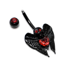 Load image into Gallery viewer, Red CZ Gem Black Heart Winged Skull Gothic Belly Ring
