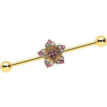 Load image into Gallery viewer, 14G Clear Pink Gem Gold Tone Texture Star Industrial Barbell 38mm

