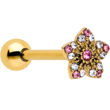 Load image into Gallery viewer, Pink Clear Gem Gold Tone Texture Star Barbell Tongue Ring
