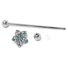 Load image into Gallery viewer, 14G Blue Clear Gem Opulent Flower Industrial Barbell 38mm
