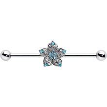 Load image into Gallery viewer, 14G Blue Clear Gem Opulent Flower Industrial Barbell 38mm
