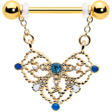 Load image into Gallery viewer, 14G 9/16 Blue Gem Gold Tone Lacy Rhombus Dangle Nipple Ring Set
