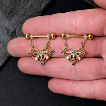 Load image into Gallery viewer, 14G 9/16 Blue Gem Gold Tone Lacy Rhombus Dangle Nipple Ring Set
