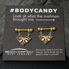Load image into Gallery viewer, 14G 9/16 Blue Gem Gold Tone Lacy Rhombus Dangle Nipple Ring Set
