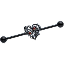 将图片加载到图库查看器，14G Clear Red CZ Gem Black Heart Floral Industrial Barbell 38mm
