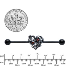 将图片加载到图库查看器，14G Clear Red CZ Gem Black Heart Floral Industrial Barbell 38mm
