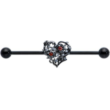 将图片加载到图库查看器，14G Clear Red CZ Gem Black Heart Floral Industrial Barbell 38mm

