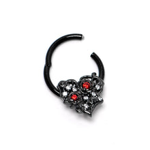 将图片加载到图库查看器，16G 3/8 Clear Red CZ Gem Black Heart Floral Hinged Segment Ring
