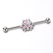 Load image into Gallery viewer, 14G Pink Clear CZ Gem Snowflake Style Industrial Barbell 38mm
