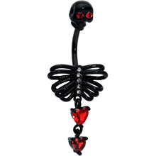 将图片加载到图库查看器，Red CZ Gem Black Skeleton Hearts Gothic Dangle Belly Ring
