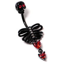 将图片加载到图库查看器，Red CZ Gem Black Skeleton Hearts Gothic Dangle Belly Ring
