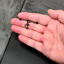 将图片加载到图库查看器，14G Red CZ Gem Black Moon Rose Flower Dangle Project Bar 38mm
