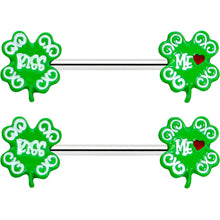 Load image into Gallery viewer, 14G 9/16 Kiss Me Shamrock St Patricks Barbell Nipple Ring Set
