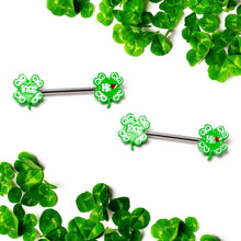 Load image into Gallery viewer, 14G 9/16 Kiss Me Shamrock St Patricks Barbell Nipple Ring Set
