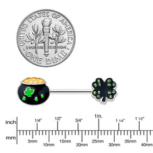 Load image into Gallery viewer, 14G 9/16 Green Gem Shamrock Pot of Gold Barbell Nipple Ring Set
