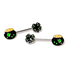 Load image into Gallery viewer, 14G 9/16 Green Gem Shamrock Pot of Gold Barbell Nipple Ring Set
