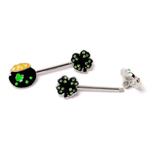Load image into Gallery viewer, 14G 9/16 Green Gem Shamrock Pot of Gold Barbell Nipple Ring Set
