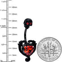 Load image into Gallery viewer, Red CZ Gem Black Passion Heart Skull Double Mount Belly Ring
