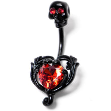 Load image into Gallery viewer, Red CZ Gem Black Passion Heart Skull Double Mount Belly Ring
