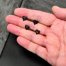 Load image into Gallery viewer, 14G 9/16 Red CZ Gem Black Passion Heart Barbell Nipple Ring Set
