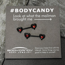 Load image into Gallery viewer, 14G 9/16 Red CZ Gem Black Passion Heart Barbell Nipple Ring Set
