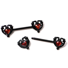 Load image into Gallery viewer, 14G 9/16 Red CZ Gem Black Passion Heart Barbell Nipple Ring Set

