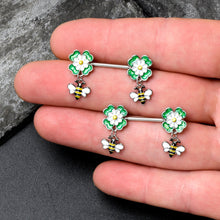 Load image into Gallery viewer, 14G 9/16 Yellow Gem Daisy Bee Glittery Barbell Nipple Ring Set
