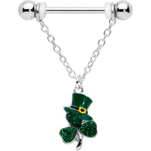 将图片加载到图库查看器，14G 9/16 Green Gem Top Hat Shamrock Chain Dangle Nipple Ring Set
