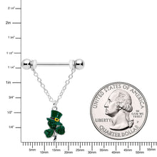 将图片加载到图库查看器，14G 9/16 Green Gem Top Hat Shamrock Chain Dangle Nipple Ring Set
